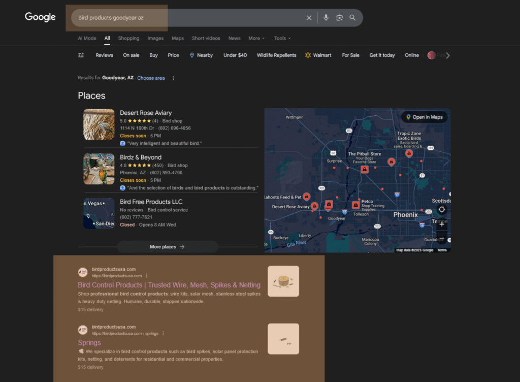 Work With John DePalma Bird Products USA SEO results showing top organic rankings for bird control products