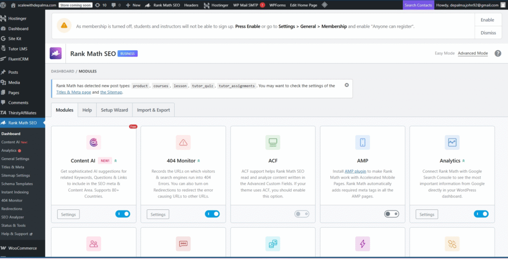 Rank Math SEO dashboard showing Rank My Business optimization results