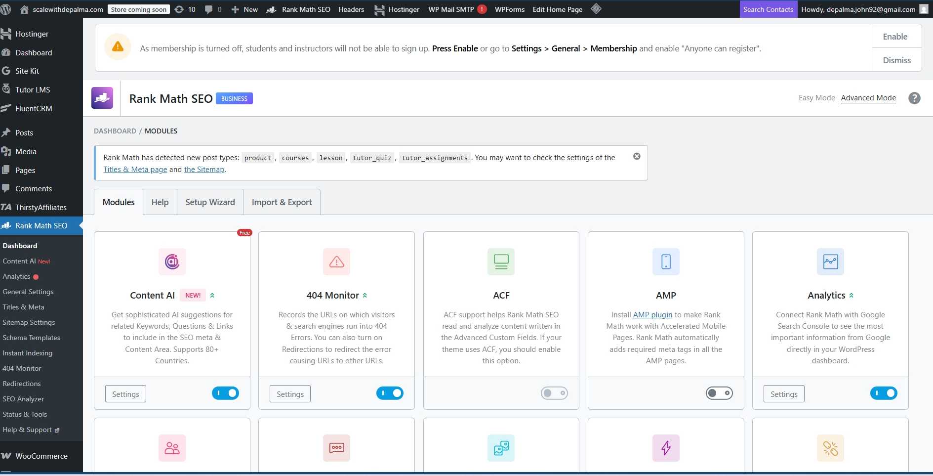 Build My Business Blueprint Rank Math SEO dashboard example
