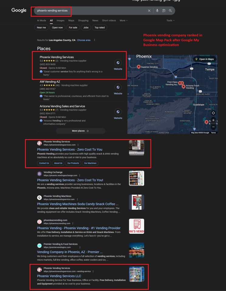 Phoenix Vending Services ranked locally using Rank My Business SEO
