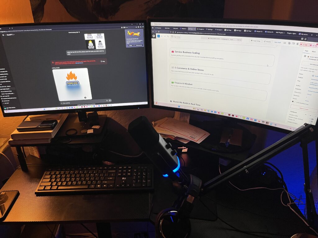 John DePalma’s Scale with DePalma computer desk setup with laptop, monitors, and workspace used for SEO and business projects.
